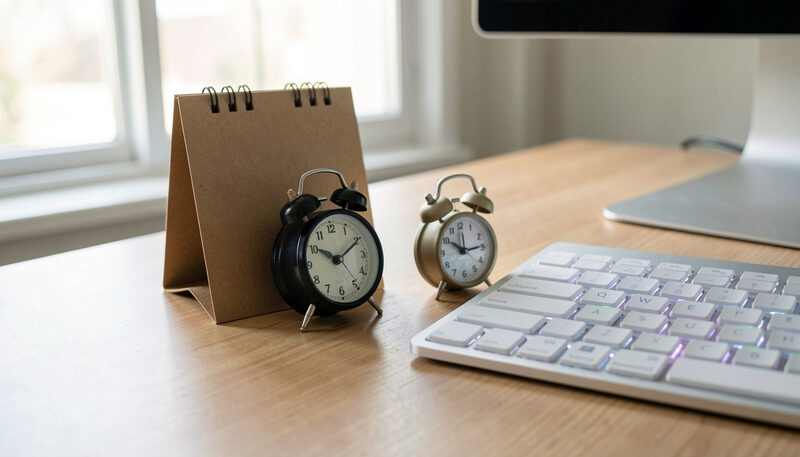 A paper desk calendar and a small alarm clock beside a backlit keyboard on a tidy desk, early morning light.
