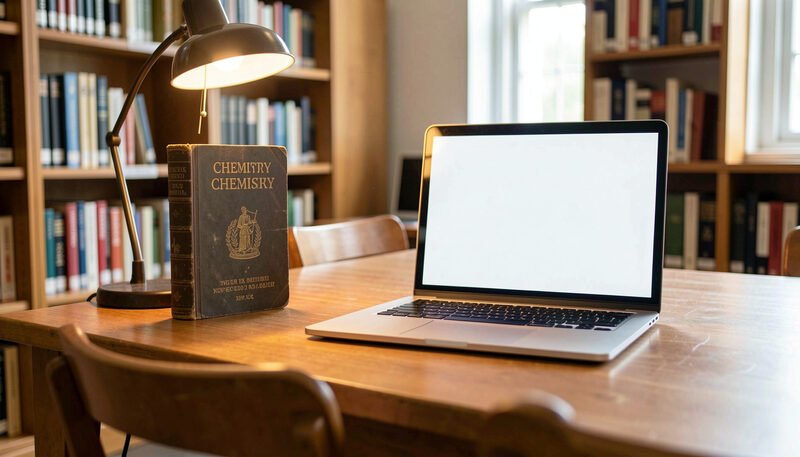 An old chemistry textbook beside a slim modern laptop on a university library desk, warm reading lamp light.