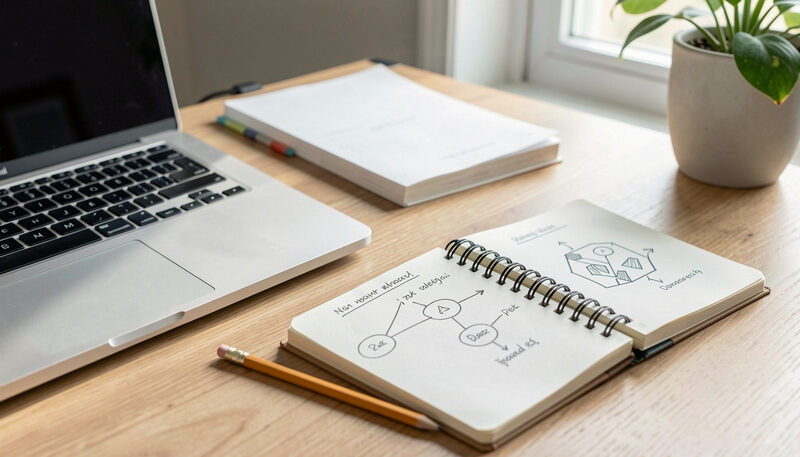 A tidy desk with an aluminium laptop, a spiral notebook open to a hand-drawn chart, and a pencil, in soft morning window light.