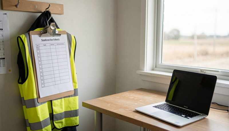 A clipboard with a checklist, a high-vis vest on a hook and a laptop on the desk of a small site office, daylight through a window.