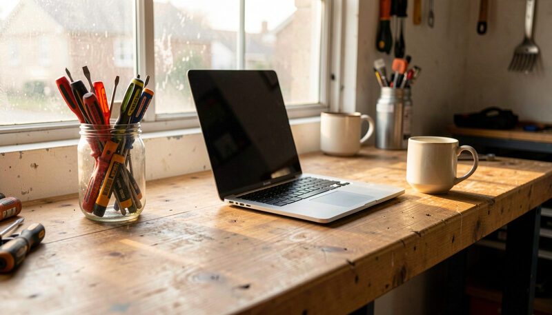 A tidy workbench with a jar of screwdrivers, a half-open laptop and a mug of tea, warm afternoon light through a garage window.